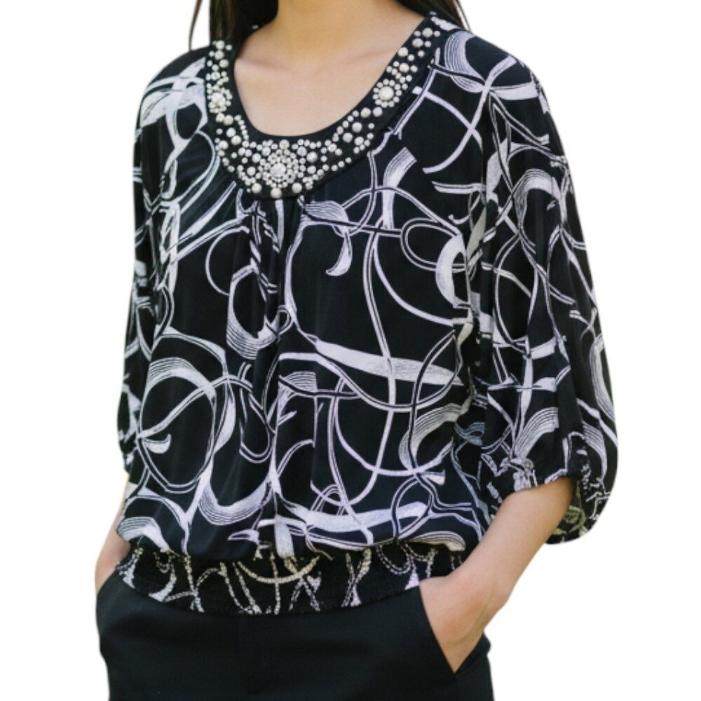 JM COLLECTION Black White Elastic Waist Embellished 3/4 Sleeves Blouse  - Size L